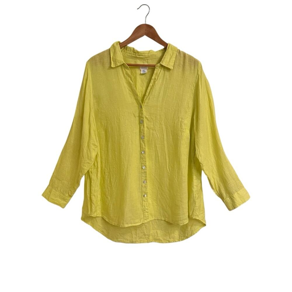 Sigrid Olsen 100% Linen Bright Lime Green Button Down Tunic Shirt 2X Coastal